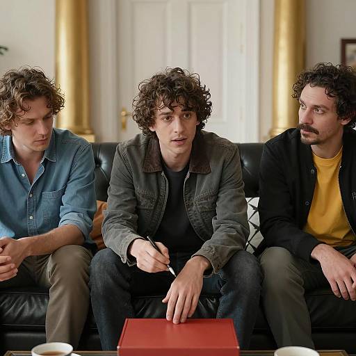 Three Men Discussing on a Stylish Couch