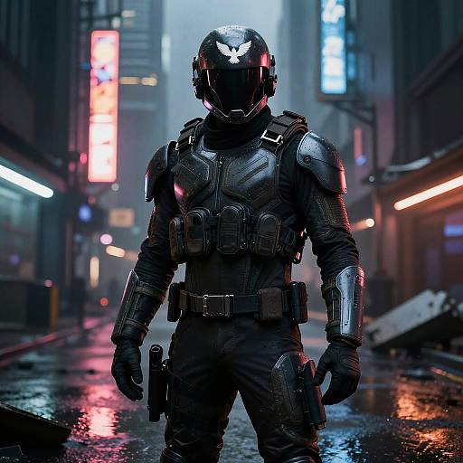 Cyberpunk street scene: Black armored soldier with visor, white emblem, standing on wet, neon-lit alley, holding gun, futuristic city