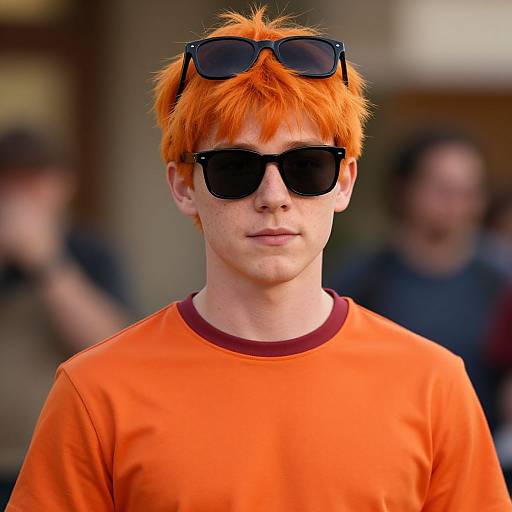 Photograph of a young man with bright orange spiky hair, wearing black sunglasses and an orange shirt, standing outdoors with a blurred background.