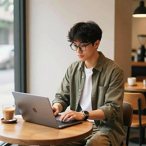 Young Asian man working on laptop in coffee shop