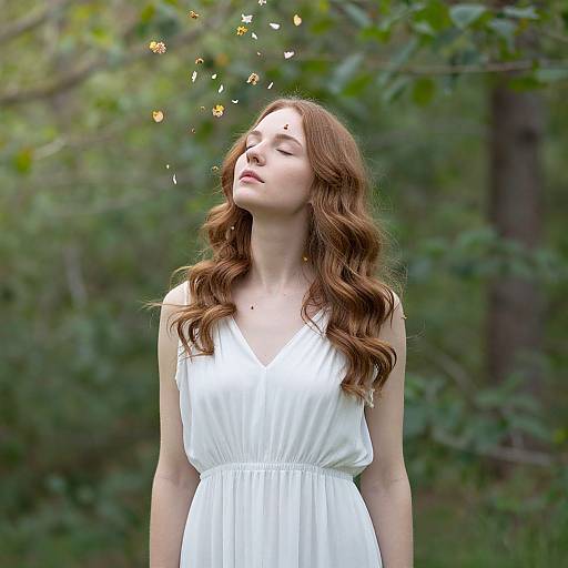 Photograph of a young woman with long, wavy brown hair, eyes closed, wearing a white sleeveless dress, surrounded by floating yellow leaves in