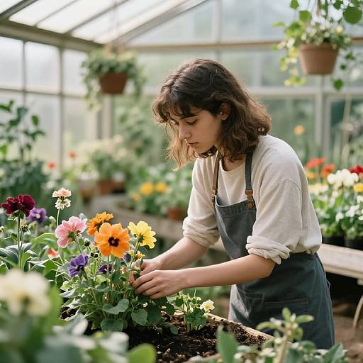 Photograph of a young woman with wavy brown hair, wearing a white shirt and gray apron, tending colorful flowers in a bright greenhouse.