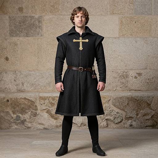 Photograph of a young man with wavy brown hair, wearing a black medieval-style tunic with a gold cross, black leggings, and boots,