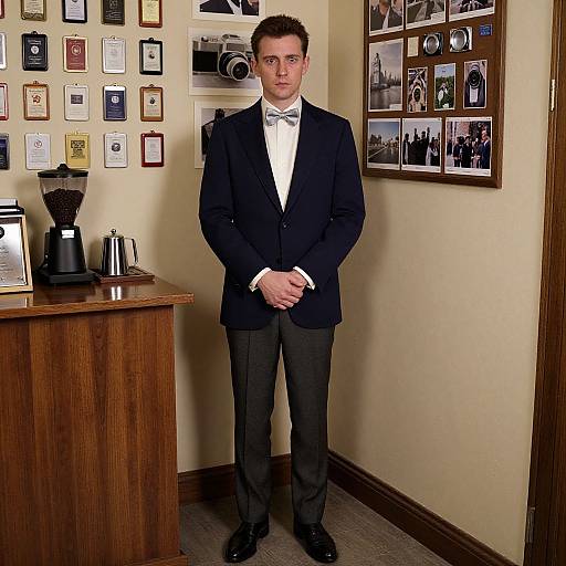 Photograph of a young man in a black tuxedo and bow tie, standing in a cozy room with framed photos and coffee maker on wooden counter