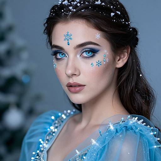 Photograph of a fair-skinned woman with striking blue eyes, wearing a blue, snowflake-adorned, sheer dress, with a frosty