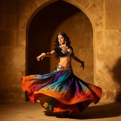 Photograph of a dark-haired woman in a colorful, flowing belly dance outfit, adorned with jewelry, dancing in a warm, arched stone alcove