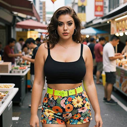 Photograph of a curvy woman with wavy brown hair, wearing a black crop top and colorful floral shorts, standing in a bustling outdoor market with