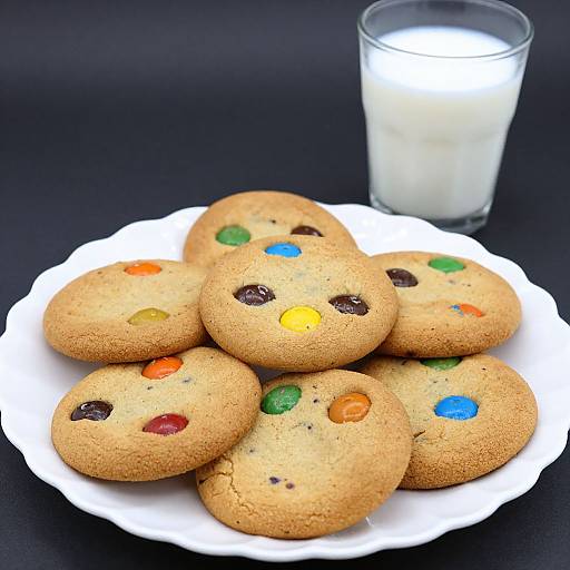 Photograph of a white plate with chocolate chip cookies featuring colorful M&M pieces, stacked in the foreground, next to a clear glass of milk on a