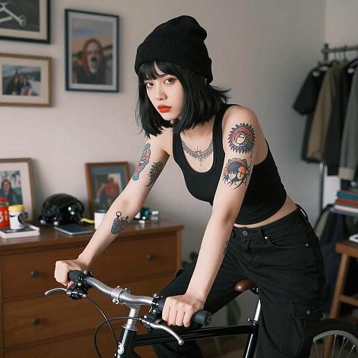 Tattooed Woman on Bike Indoors
