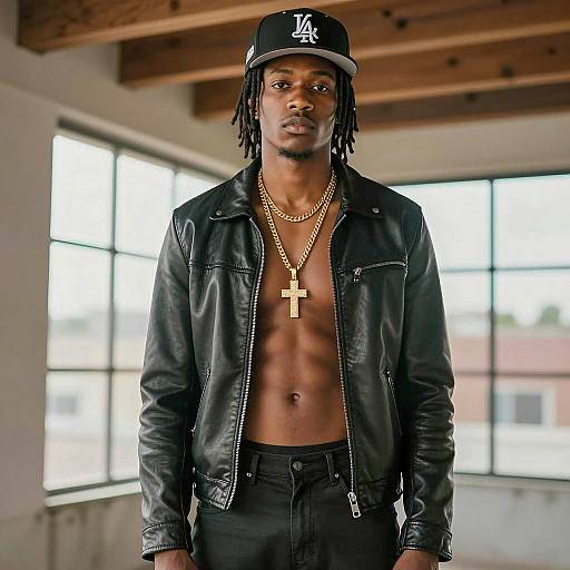 Young Man in Leather Jacket and Gold Chains