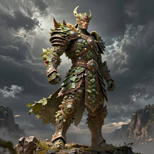 Photorealistic digital artwork of a muscular, armored warrior with green, leaf-like armor and horned helmet, standing on rocky terrain under a stormy