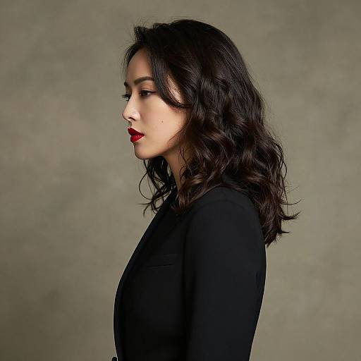 Photograph of a pale-skinned woman with dark wavy hair, red lipstick, black top, side profile, gray background, moody lighting.