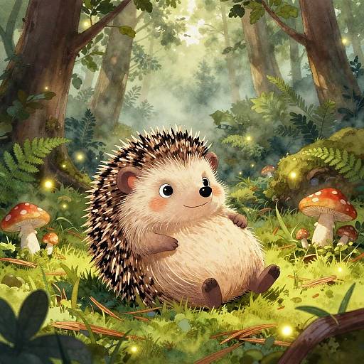Cute digital illustration of a chubby, smiling hedgehog with pink cheeks sitting in a sunlit forest, surrounded by glowing fireflies and red mushrooms.