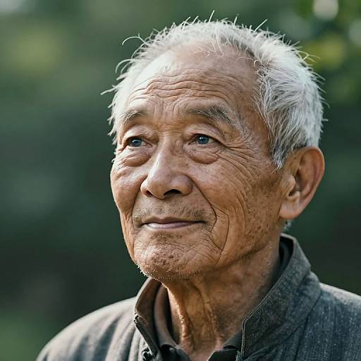 Photograph of an elderly Asian man with white, wispy hair, deep wrinkles, and a gentle smile, wearing a dark shirt, against a blurred