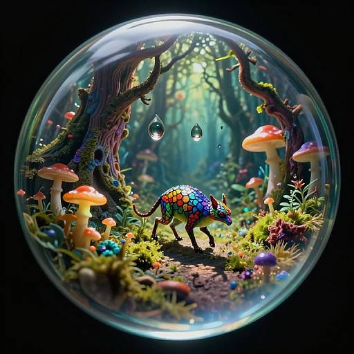 Fantastical digital artwork of a colorful, iridescent creature sniffing mushrooms in a vibrant, enchanted forest within a glowing glass bubble.