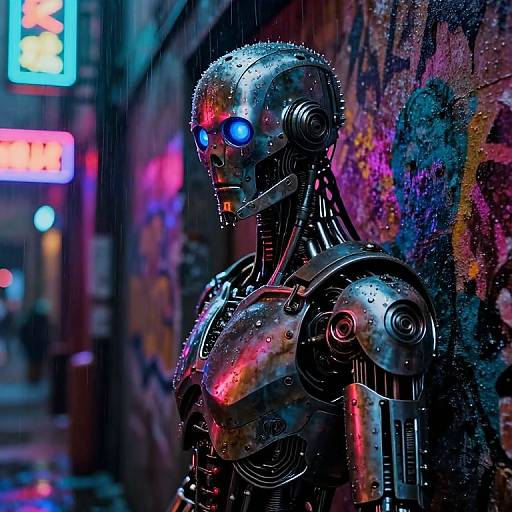 Cybernetic robot with glowing blue eyes stands in a neon-lit, rain-soaked, graffiti-covered alley at night, reflecting vivid colors.