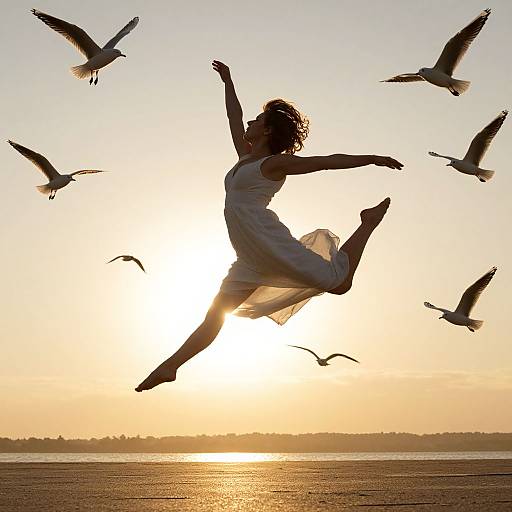 Silhouetted woman in flowing white dress leaps joyfully against sunset, surrounded by flying seagulls, over a serene beach. Photograph.