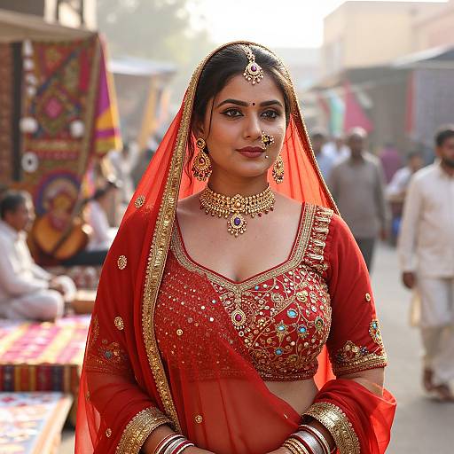 Photograph of an Indian bride in a red, gold-embellished saree and jewelry, standing confidently in a bustling street market.