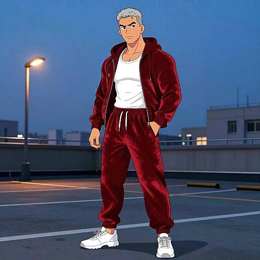Muscular Man in Red Tracksuit at Twilight