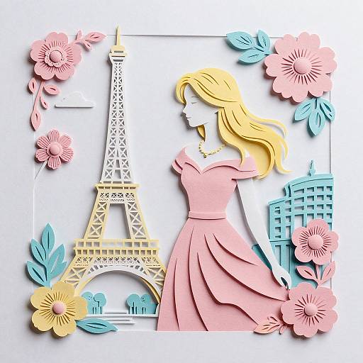 Digital artwork of a blonde woman in a pink off-shoulder dress, standing beside a stylized Eiffel Tower, surrounded by pastel flowers