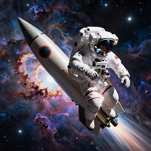 Astronaut Rocket Ride through Nebula