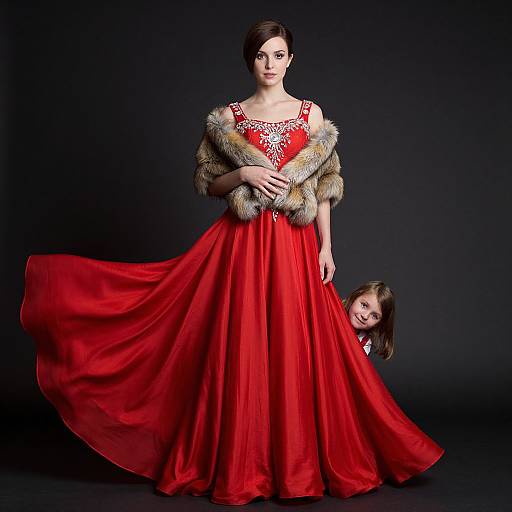 Photograph of a woman in a red, floor-length gown with a fur stole, standing against a black background, holding her dress with a smiling young