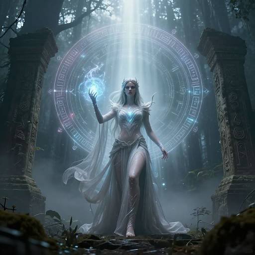 Digital art of a mystical, white-haired woman in a glowing, silver dress, holding a blue magical orb, standing between ancient ruins in a misty