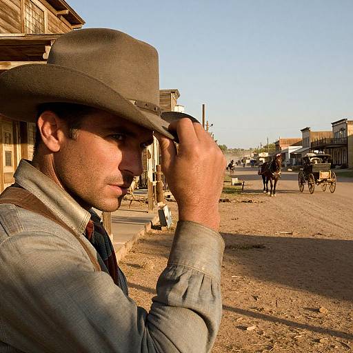 Photograph of a serious, sunlit Western-style man in a brown hat and gray jacket, adjusting his hat in a dusty, historical town with wooden