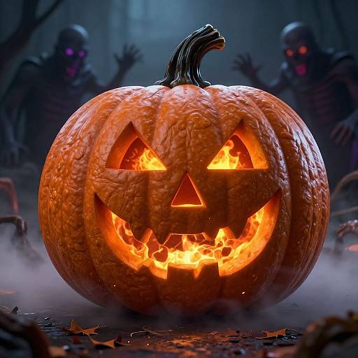 CGI image of a glowing, carved jack-o'-lantern with eerie eyes and mouth, surrounded by dark, foggy graveyard with ghostly figures
