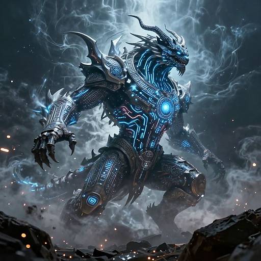 Digital artwork of a glowing, cybernetic, dragon-like warrior with blue lights, sharp spikes, and electricity in a stormy, rocky landscape.