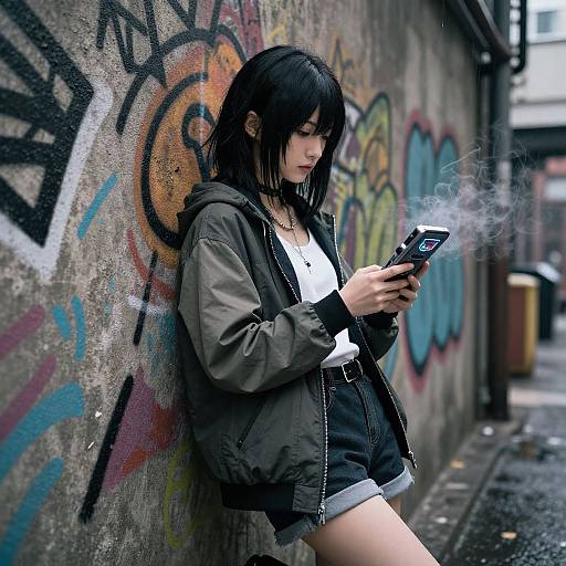 Photograph of a young woman with black hair, wearing a green jacket, white shirt, and black shorts, smoking while texting against a graffiti-covered concrete