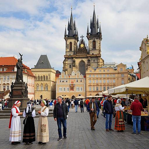 Photograph of a bustling European town square with Gothic-style church, statues, market stalls, and people in traditional and modern clothing.