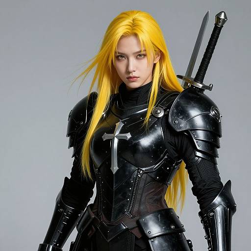 Photorealistic CGI of a fierce, blonde-haired warrior woman in black, glossy medieval armor with a sword on her back, against a plain gray background