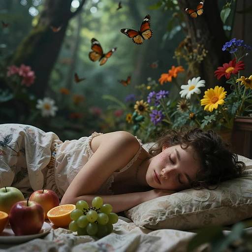 Photograph of a sleeping woman with curly brown hair, wearing a white lace dress, surrounded by colorful flowers, fruit, and orange slices, with butterflies