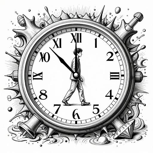 Black and white ink drawing of a clock with spiked, abstract, bursting edges; hands at 10:10; numbers in bold.