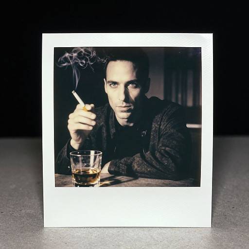 Photograph of a serious man with dark hair, smoking a cigarette, holding a glass of whiskey, framed in white against a black background.