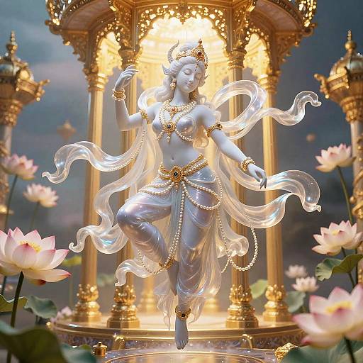 Photorealistic CGI of a glowing blue goddess statue with flowing white drapery, adorned with gold jewelry, standing on a lotus pond, surrounded