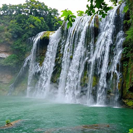 Photograph of a lush, green waterfall cascading into a turquoise pool, surrounded by dense trees, misty spray, and moss-covered rocks.