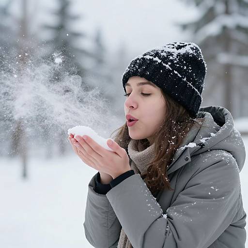 Photograph of a young woman with fair skin, brown hair, and closed eyes, blowing on a snow-covered hand in a winter landscape. She wears