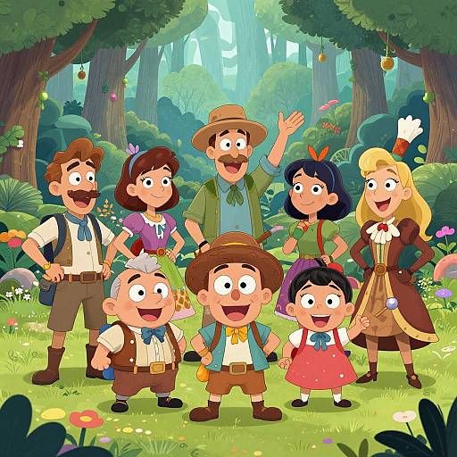 Colorful cartoon forest scene with six smiling adventurers: two men, two girls, and two boys, wearing explorer outfits, surrounded by lush trees and flowers