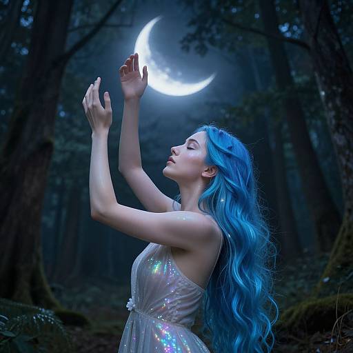 Photograph of a fair-skinned woman with long, vibrant blue hair, wearing a shimmering dress, reaching towards a glowing crescent moon in a