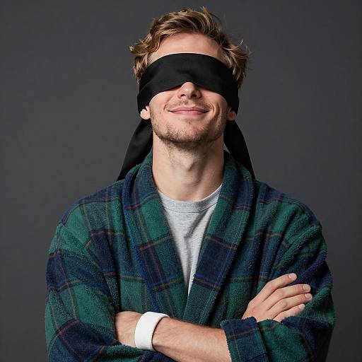 Blindfolded Man in Plaid Bathrobe