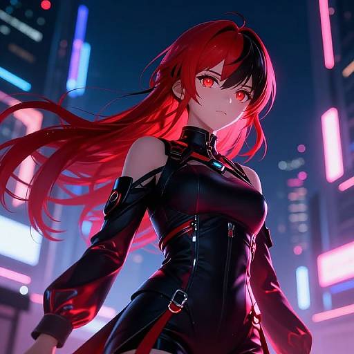 Digital anime-style artwork of a red-haired woman with glowing red eyes, wearing a black leather dress, in a neon-lit cityscape at night.