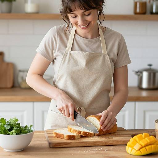 Photograph of a smiling woman with dark hair, wearing a white apron, slicing bread on a wooden counter in a bright kitchen.