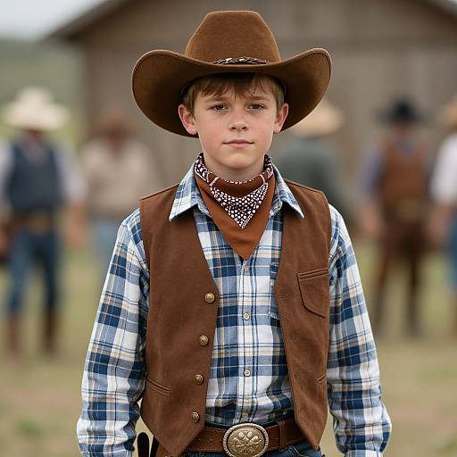 Photograph of a young boy in a brown cowboy hat, plaid shirt, brown vest, and bandana, standing outdoors with blurred background.