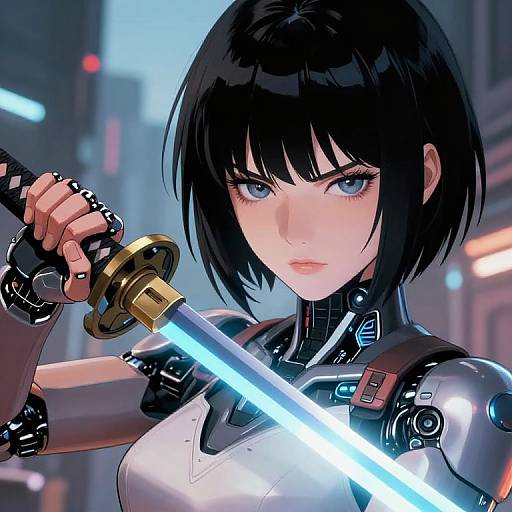 Digital anime-style drawing of a fierce, black-haired woman with blue eyes, holding a glowing blue katana in a futuristic city.