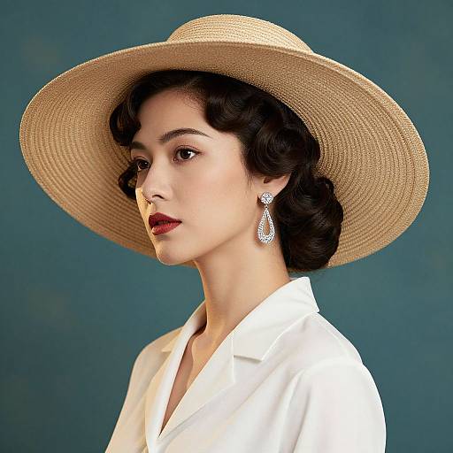 Photograph of a fair-skinned woman with dark, wavy hair, wearing a wide-brimmed straw hat, white blouse, and teard