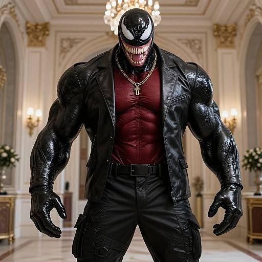 Photorealistic CGI of muscular Venom in black leather jacket, red shirt, black pants, gold necklace, standing in opulent, chandelier-lit