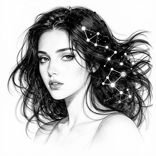 Black-and-white digital drawing of a young woman with flowing dark hair, stars embedded in her hair, and a serene expression.