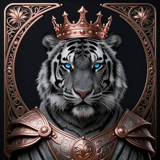 Digital artwork of a regal white tiger with glowing blue eyes, wearing a gold crown and ornate armor, set against a dark background.